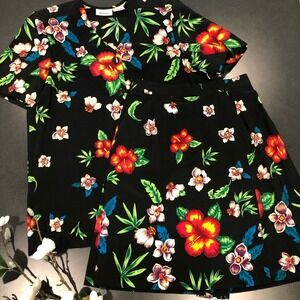Vintage Casual Hawaiian Button Shirt Skorts Culotte Two Piece Outfit Set USA